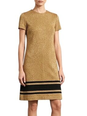 Vintage 60s union made metallic gold lurex a line short sleeve mod shift dress
